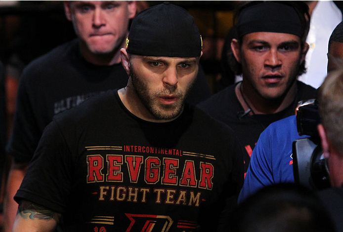 INDIANAPOLIS, IN - AUGUST 28: Justin Edwards enters the arena before his welterweight fight against Brandon Thatch during the UFC on FOX Sports 1 event at Bankers Life Fieldhouse on August 28, 2013 in Indianapolis, Indiana. (Photo by Ed Mulholland/Zuffa