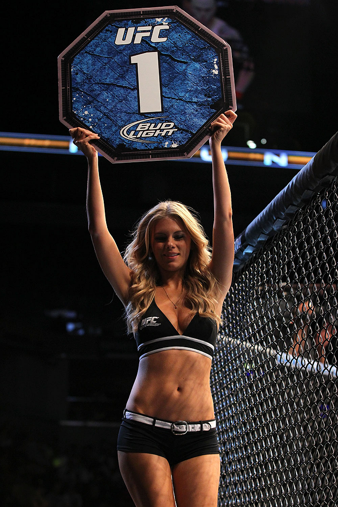 INDIANAPOLIS, IN - AUGUST 28: UFC Octagon Girl Chrissy Blair introduces a round during the UFC on FOX Sports 1 event at Bankers Life Fieldhouse on August 28, 2013 in Indianapolis, Indiana. (Photo by Ed Mulholland/Zuffa LLC/Zuffa LLC via Getty Images)
