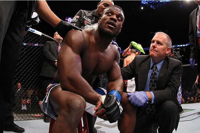 INDIANAPOLIS, IN - AUGUST 28: Papy Abedi reacts after his knockout loss to Dylan Andrews in their middleweight fight during the UFC on FOX Sports 1 event at Bankers Life Fieldhouse on August 28, 2013 in Indianapolis, Indiana. (Photo by Ed Mulholland/Zuff