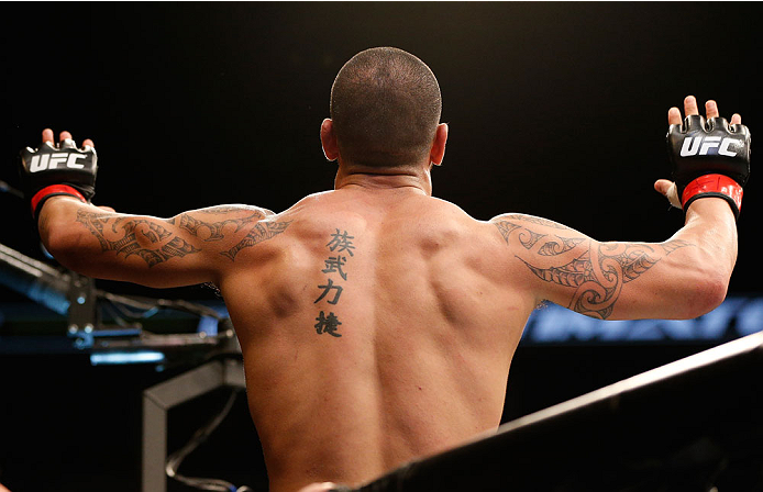 INDIANAPOLIS, IN - AUGUST 28: Dylan Andrews reacts after his knockout victory over Papy Abedi in their middleweight fight during the UFC on FOX Sports 1 event at Bankers Life Fieldhouse on August 28, 2013 in Indianapolis, Indiana. (Photo by Josh Hedges/Z