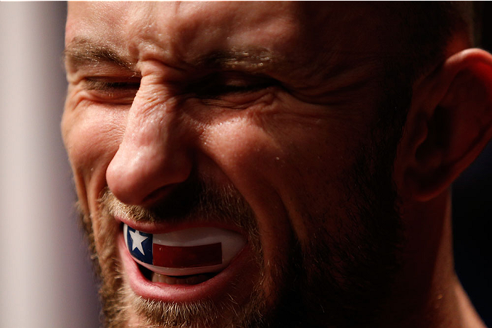INDIANAPOLIS, IN - AUGUST 28: Bubba McDaniel prepares to enter the Octagon before his middleweight fight against Brad Tavares during the UFC on FOX Sports 1 event at Bankers Life Fieldhouse on August 28, 2013 in Indianapolis, Indiana. (Photo by Josh Hedg