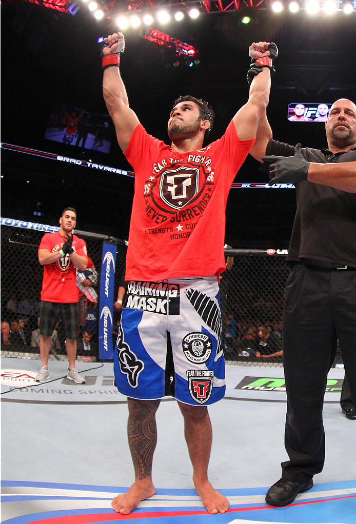 INDIANAPOLIS, IN - AUGUST 28: Brad Tavares reacts after his decision victory over Bubba McDaniel in their middleweight fight during the UFC on FOX Sports 1 event at Bankers Life Fieldhouse on August 28, 2013 in Indianapolis, Indiana. (Photo by Ed Mulholl