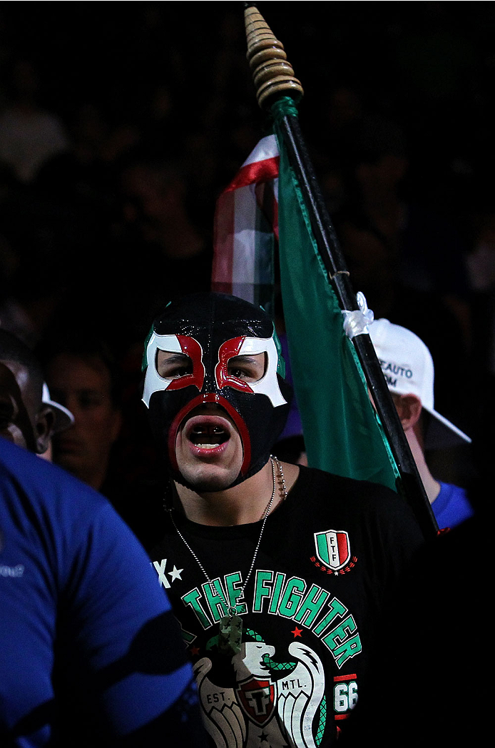 INDIANAPOLIS, IN - AUGUST 28: Erik Perez enters the arena before his bantamweight fight against Takeya Mizugaki during the UFC on FOX Sports 1 event at Bankers Life Fieldhouse on August 28, 2013 in Indianapolis, Indiana. (Photo by Ed Mulholland/Zuffa LLC
