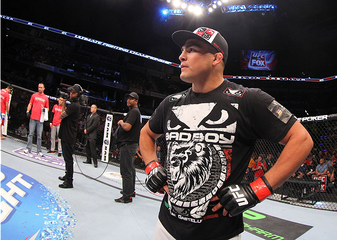 INDIANAPOLIS, IN - AUGUST 28: Kelvin Gastelum reacts after his submission victory over Brian Melancon in their welterweight fight during the UFC on FOX Sports 1 event at Bankers Life Fieldhouse on August 28, 2013 in Indianapolis, Indiana. (Photo by Ed Mu
