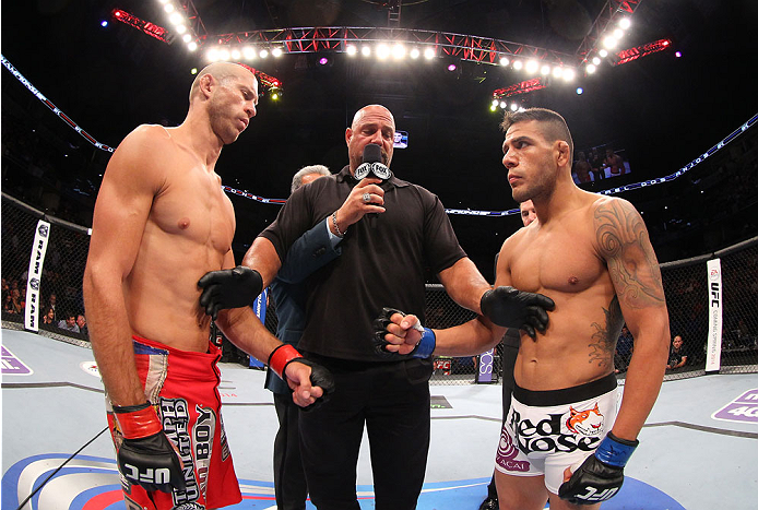 INDIANAPOLIS, IN - AUGUST 28: (L-R) Opponents Donald "Cowboy" Cerrone and Rafael dos Anjos face off before their lightweight fight during the UFC on FOX Sports 1 event at Bankers Life Fieldhouse on August 28, 2013 in Indianapolis, Indiana. (Photo by Ed M