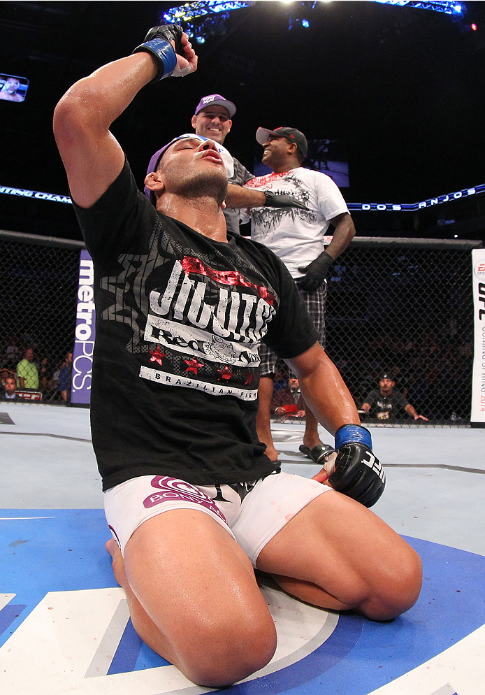 INDIANAPOLIS, IN - AUGUST 28: Rafael dos Anjos reacts after defeating Donald "Cowboy" Cerrone in their lightweight fight during the UFC on FOX Sports 1 event at Bankers Life Fieldhouse on August 28, 2013 in Indianapolis, Indiana. (Photo by Ed Mulholland/