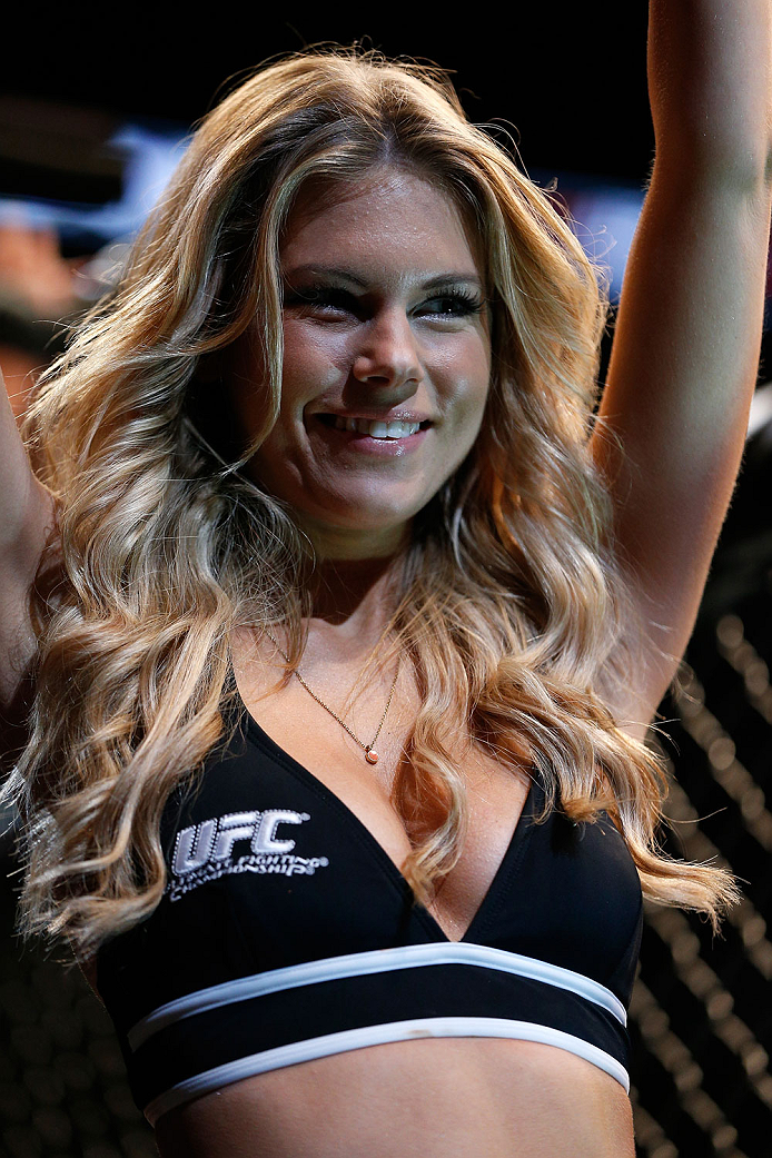INDIANAPOLIS, IN - AUGUST 28: UFC Octagon Girl Chrissy Blair introduces a round during the UFC on FOX Sports 1 event at Bankers Life Fieldhouse on August 28, 2013 in Indianapolis, Indiana. (Photo by Josh Hedges/Zuffa LLC/Zuffa LLC via Getty Images)