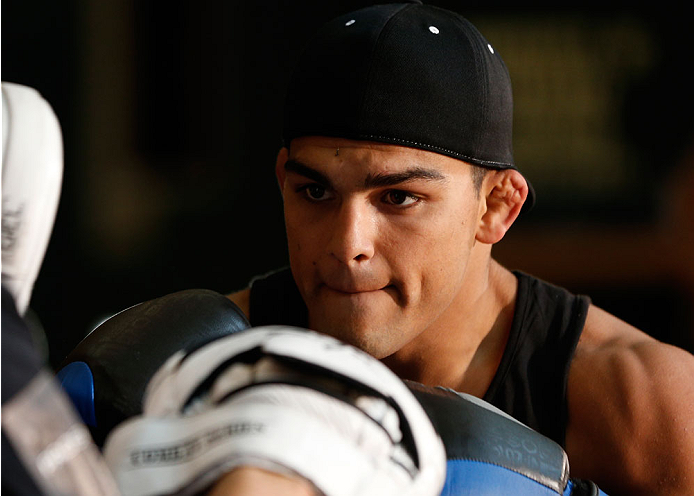 INDIANAPOLIS, IN - AUGUST 26: Kelvin Gastelum holds an open training session for fans and media at Banker's Life Fieldhouse on August 26, 2013 in Indianapolis, Indiana. (Photo by Josh Hedges/Zuffa LLC/Zuffa LLC via Getty Images)
