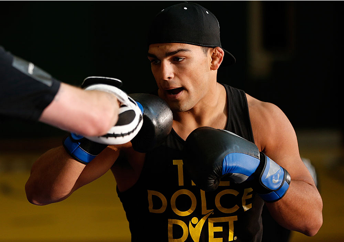INDIANAPOLIS, IN - AUGUST 26: Kelvin Gastelum holds an open training session for fans and media at Banker's Life Fieldhouse on August 26, 2013 in Indianapolis, Indiana. (Photo by Josh Hedges/Zuffa LLC/Zuffa LLC via Getty Images)