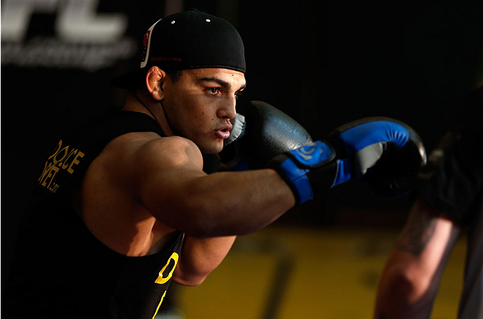 INDIANAPOLIS, IN - AUGUST 26: Kelvin Gastelum holds an open training session for fans and media at Banker's Life Fieldhouse on August 26, 2013 in Indianapolis, Indiana. (Photo by Josh Hedges/Zuffa LLC/Zuffa LLC via Getty Images)