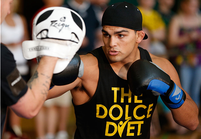 INDIANAPOLIS, IN - AUGUST 26: Kelvin Gastelum holds an open training session for fans and media at Banker's Life Fieldhouse on August 26, 2013 in Indianapolis, Indiana. (Photo by Josh Hedges/Zuffa LLC/Zuffa LLC via Getty Images)