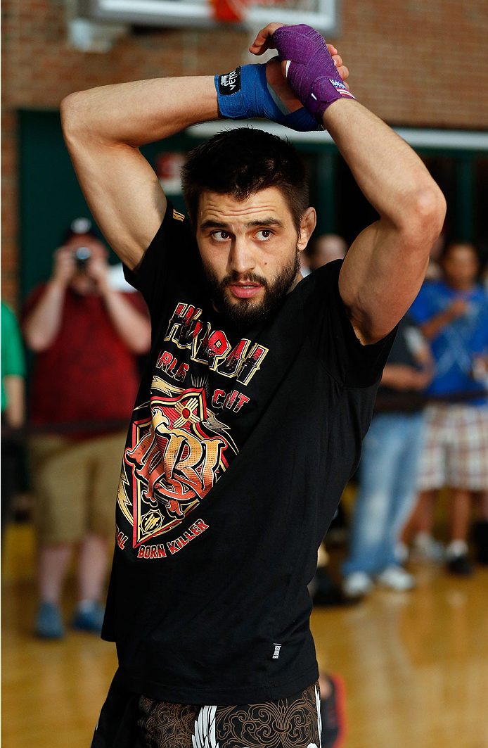 INDIANAPOLIS, IN - AUGUST 26: Carlos Condit holds an open training session for fans and media at Banker's Life Fieldhouse on August 26, 2013 in Indianapolis, Indiana. (Photo by Josh Hedges/Zuffa LLC/Zuffa LLC via Getty Images)