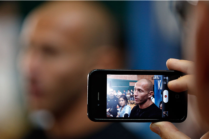INDIANAPOLIS, IN - AUGUST 26: Donald "Cowboy" Cerrone interacts with media at Banker's Life Fieldhouse on August 26, 2013 in Indianapolis, Indiana. (Photo by Josh Hedges/Zuffa LLC/Zuffa LLC via Getty Images)