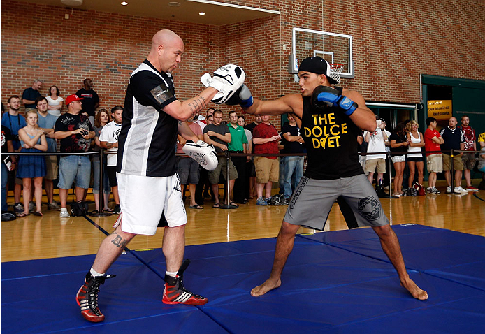 INDIANAPOLIS, IN - AUGUST 26: Kelvin Gastelum holds an open training session for fans and media at Banker's Life Fieldhouse on August 26, 2013 in Indianapolis, Indiana. (Photo by Josh Hedges/Zuffa LLC/Zuffa LLC via Getty Images)