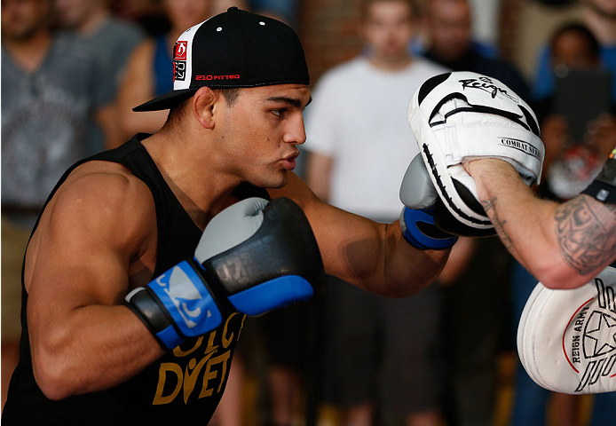 INDIANAPOLIS, IN - AUGUST 26: Kelvin Gastelum holds an open training session for fans and media at Banker's Life Fieldhouse on August 26, 2013 in Indianapolis, Indiana. (Photo by Josh Hedges/Zuffa LLC/Zuffa LLC via Getty Images)