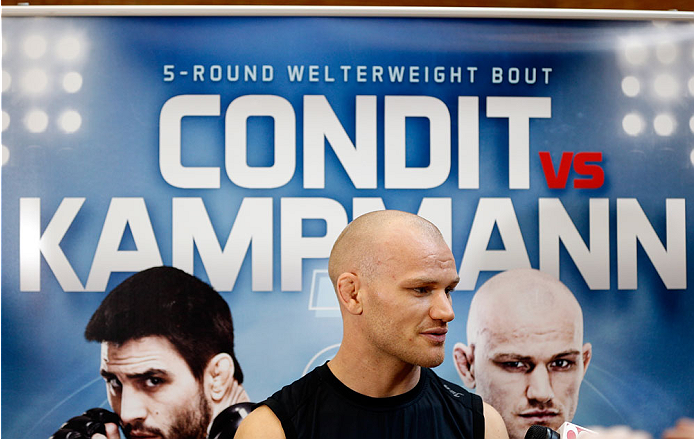 INDIANAPOLIS, IN - AUGUST 26: Martin Kampmann interacts with media at Banker's Life Fieldhouse on August 26, 2013 in Indianapolis, Indiana. (Photo by Josh Hedges/Zuffa LLC/Zuffa LLC via Getty Images)