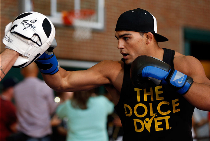 INDIANAPOLIS, IN - AUGUST 26: Kelvin Gastelum holds an open training session for fans and media at Banker's Life Fieldhouse on August 26, 2013 in Indianapolis, Indiana. (Photo by Josh Hedges/Zuffa LLC/Zuffa LLC via Getty Images)