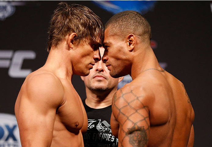 INDIANAPOLIS, IN - AUGUST 27: (L-R) Opponents Roger Bowling and Abel Trujillo face off during the UFC weigh-in event at Bankers Life Fieldhouse on August 27, 2013 in Indianapolis, Indiana. (Photo by Josh Hedges/Zuffa LLC/Zuffa LLC via Getty Images)