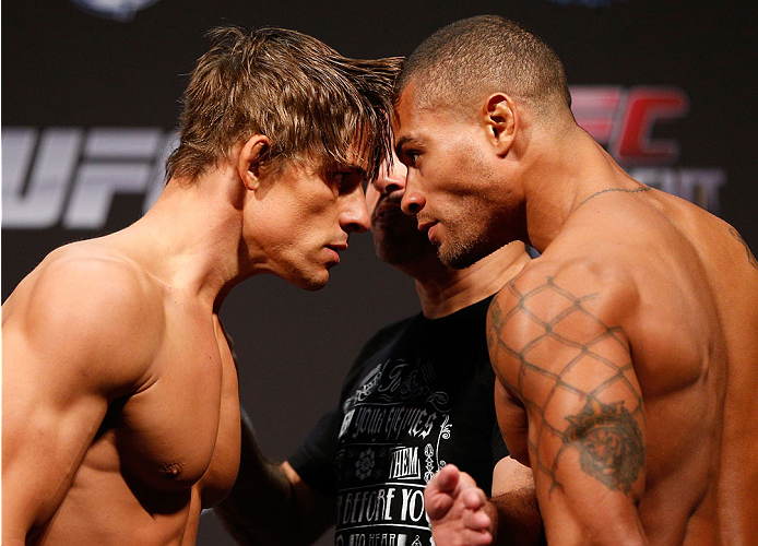INDIANAPOLIS, IN - AUGUST 27: (L-R) Opponents Roger Bowling and Abel Trujillo face off during the UFC weigh-in event at Bankers Life Fieldhouse on August 27, 2013 in Indianapolis, Indiana. (Photo by Josh Hedges/Zuffa LLC/Zuffa LLC via Getty Images)