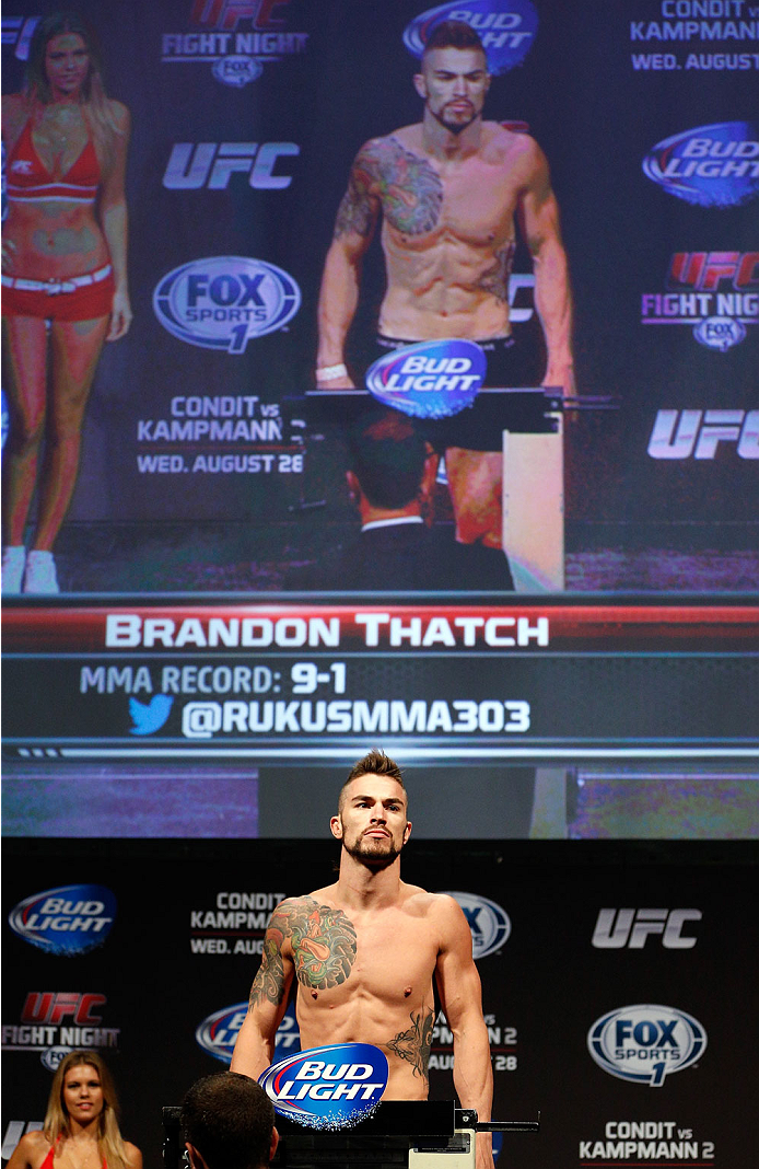 INDIANAPOLIS, IN - AUGUST 27: Brandon Thatch weighs in during the UFC weigh-in event at Bankers Life Fieldhouse on August 27, 2013 in Indianapolis, Indiana. (Photo by Josh Hedges/Zuffa LLC/Zuffa LLC via Getty Images)
