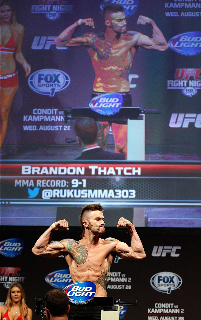 INDIANAPOLIS, IN - AUGUST 27: Brandon Thatch weighs in during the UFC weigh-in event at Bankers Life Fieldhouse on August 27, 2013 in Indianapolis, Indiana. (Photo by Josh Hedges/Zuffa LLC/Zuffa LLC via Getty Images)
