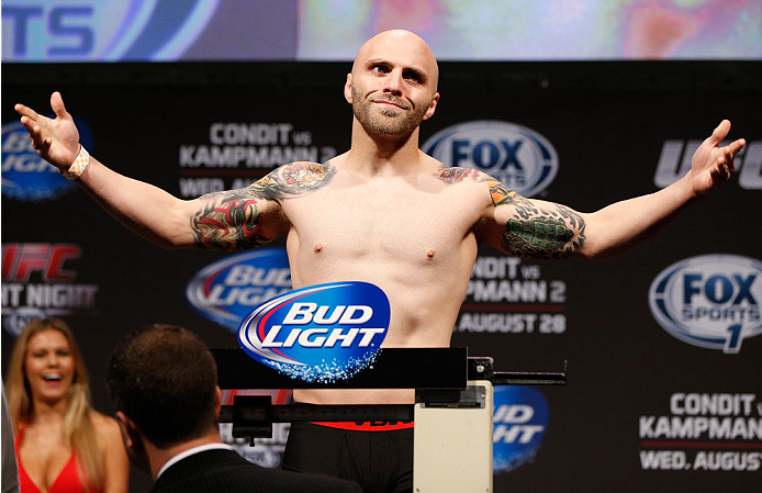 INDIANAPOLIS, IN - AUGUST 27: Justin Edwards weighs in during the UFC weigh-in event at Bankers Life Fieldhouse on August 27, 2013 in Indianapolis, Indiana. (Photo by Josh Hedges/Zuffa LLC/Zuffa LLC via Getty Images)