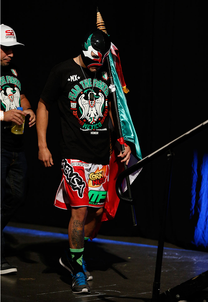 INDIANAPOLIS, IN - AUGUST 27: Erik Perez enters the arena during UFC weigh-in event at Bankers Life Fieldhouse on August 27, 2013 in Indianapolis, Indiana. (Photo by Josh Hedges/Zuffa LLC/Zuffa LLC via Getty Images)