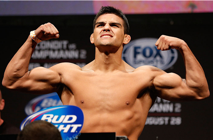 INDIANAPOLIS, IN - AUGUST 27: Kelvin Gastelum weighs in during the UFC weigh-in event at Bankers Life Fieldhouse on August 27, 2013 in Indianapolis, Indiana. (Photo by Josh Hedges/Zuffa LLC/Zuffa LLC via Getty Images)