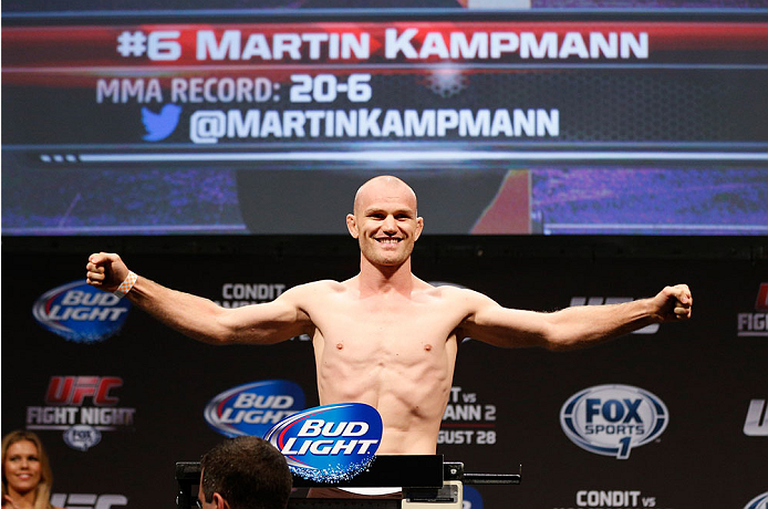INDIANAPOLIS, IN - AUGUST 27: Martin Kampmann weighs in during the UFC weigh-in event at Bankers Life Fieldhouse on August 27, 2013 in Indianapolis, Indiana. (Photo by Josh Hedges/Zuffa LLC/Zuffa LLC via Getty Images)