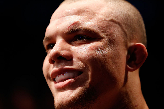 FORTALEZA, BRAZIL - JUNE 08: Anthony Smith prepares to enter the Octagon before his middleweight fight against Antonio Braga Neto during the UFC on FUEL TV event at Paulo Sarasate Arena on June 8, 2013 in Fortaleza, Ceara, Brazil. (Photo by Josh Hedges/