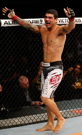 FORTALEZA, BRAZIL - JUNE 08: Antonio Braga Neto reacts after defeating Anthony Smith in their middleweight fight during the UFC on FUEL TV event at Paulo Sarasate Arena on June 8, 2013 in Fortaleza, Ceara, Brazil. (Photo by Josh Hedges/Zuffa LLC/Zuffa L