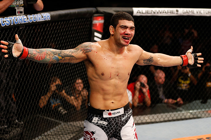 FORTALEZA, BRAZIL - JUNE 08: Antonio Braga Neto reacts after defeating Anthony Smith in their middleweight fight during the UFC on FUEL TV event at Paulo Sarasate Arena on June 8, 2013 in Fortaleza, Ceara, Brazil. (Photo by Josh Hedges/Zuffa LLC/Zuffa L