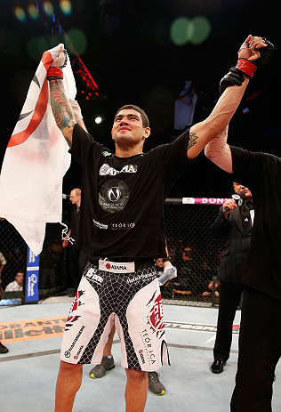 FORTALEZA, BRAZIL - JUNE 08: Antonio Braga Neto reacts after defeating Anthony Smith in their middleweight fight during the UFC on FUEL TV event at Paulo Sarasate Arena on June 8, 2013 in Fortaleza, Ceara, Brazil. (Photo by Josh Hedges/Zuffa LLC/Zuffa L