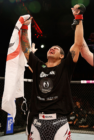 FORTALEZA, BRAZIL - JUNE 08: Antonio Braga Neto reacts after defeating Anthony Smith in their middleweight fight during the UFC on FUEL TV event at Paulo Sarasate Arena on June 8, 2013 in Fortaleza, Ceara, Brazil. (Photo by Josh Hedges/Zuffa LLC/Zuffa L