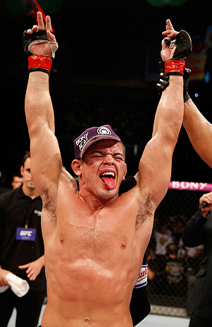 FORTALEZA, BRAZIL - JUNE 08: Caio Magalhaes reacts after his victory over Karlos Vemola in their middleweight fight during the UFC on FUEL TV event at Paulo Sarasate Arena on June 8, 2013 in Fortaleza, Ceara, Brazil. (Photo by Josh Hedges/Zuffa LLC/Zuff