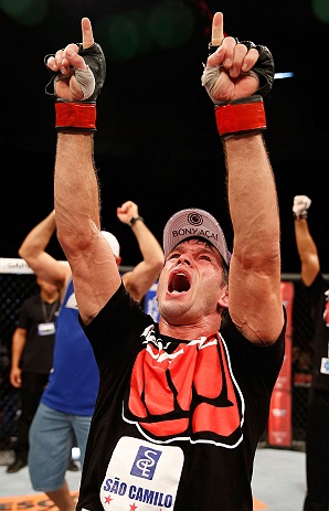 FORTALEZA, BRAZIL - JUNE 08: Rodrigo Damm reacts after his split decision victory over Mizuto Hirota in their featherweight fight during the UFC on FUEL TV event at Paulo Sarasate Arena on June 8, 2013 in Fortaleza, Ceara, Brazil. (Photo by Josh Hedges/