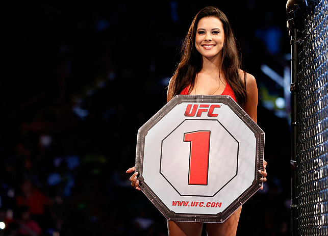 FORTALEZA, BRAZIL - JUNE 08: UFC Octagon Girl Camila Rodrigues de Oliveira introduces a round during the UFC on FUEL TV event at Paulo Sarasate Arena on June 8, 2013 in Fortaleza, Ceara, Brazil. (Photo by Josh Hedges/Zuffa LLC/Zuffa LLC via Getty Images