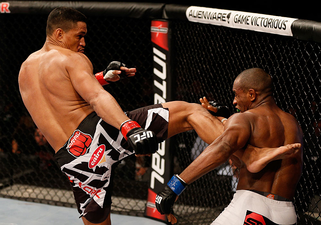 FORTALEZA, BRAZIL - JUNE 08: (L-R) Ildemar Alcantara kicks Leandro Silva in their welterweight fight during the UFC on FUEL TV event at Paulo Sarasate Arena on June 8, 2013 in Fortaleza, Ceara, Brazil. (Photo by Josh Hedges/Zuffa LLC/Zuffa LLC via Getty