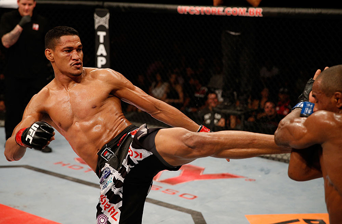FORTALEZA, BRAZIL - JUNE 08: (L-R) Ildemar Alcantara kicks Leandro Silva in their welterweight fight during the UFC on FUEL TV event at Paulo Sarasate Arena on June 8, 2013 in Fortaleza, Ceara, Brazil. (Photo by Josh Hedges/Zuffa LLC/Zuffa LLC via Getty