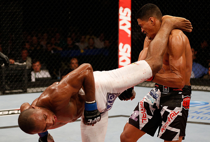 FORTALEZA, BRAZIL - JUNE 08: (L-R) Leandro Silva kicks Ildemar Alcantara in their welterweight fight during the UFC on FUEL TV event at Paulo Sarasate Arena on June 8, 2013 in Fortaleza, Ceara, Brazil. (Photo by Josh Hedges/Zuffa LLC/Zuffa LLC via Getty