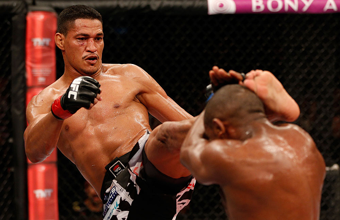 FORTALEZA, BRAZIL - JUNE 08: (L-R) Ildemar Alcantara kicks Leandro Silva in their welterweight fight during the UFC on FUEL TV event at Paulo Sarasate Arena on June 8, 2013 in Fortaleza, Ceara, Brazil. (Photo by Josh Hedges/Zuffa LLC/Zuffa LLC via Getty