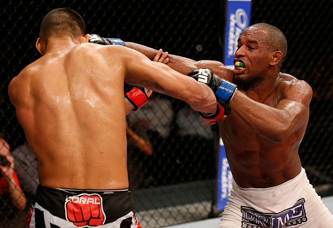 FORTALEZA, BRAZIL - JUNE 08: (R-L) Leandro Silva punches Ildemar Alcantara in their welterweight fight during the UFC on FUEL TV event at Paulo Sarasate Arena on June 8, 2013 in Fortaleza, Ceara, Brazil. (Photo by Josh Hedges/Zuffa LLC/Zuffa LLC via Get