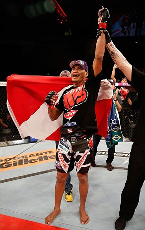 FORTALEZA, BRAZIL - JUNE 08: Ildemar Alcantara reacts after defeating Leandro Silva in their welterweight fight during the UFC on FUEL TV event at Paulo Sarasate Arena on June 8, 2013 in Fortaleza, Ceara, Brazil. (Photo by Josh Hedges/Zuffa LLC/Zuffa LL