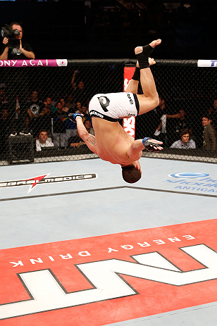 FORTALEZA, BRAZIL - JUNE 08: Felipe Arantes reacts after knocking out Godofredo "Pepey" Castro in their featherweight fight during the UFC on FUEL TV event at Paulo Sarasate Arena on June 8, 2013 in Fortaleza, Ceara, Brazil. (Photo by Josh Hedges/Zuffa