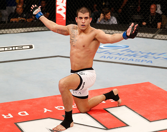 FORTALEZA, BRAZIL - JUNE 08: Felipe Arantes reacts after knocking out Godofredo "Pepey" Castro in their featherweight fight during the UFC on FUEL TV event at Paulo Sarasate Arena on June 8, 2013 in Fortaleza, Ceara, Brazil. (Photo by Josh Hedges/Zuffa
