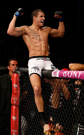 FORTALEZA, BRAZIL - JUNE 08: Felipe Arantes reacts after knocking out Godofredo "Pepey" Castro in their featherweight fight during the UFC on FUEL TV event at Paulo Sarasate Arena on June 8, 2013 in Fortaleza, Ceara, Brazil. (Photo by Josh Hedges/Zuffa