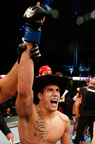 FORTALEZA, BRAZIL - JUNE 08: Felipe Arantes reacts after knocking out Godofredo "Pepey" Castro in their featherweight fight during the UFC on FUEL TV event at Paulo Sarasate Arena on June 8, 2013 in Fortaleza, Ceara, Brazil. (Photo by Josh Hedges/Zuffa