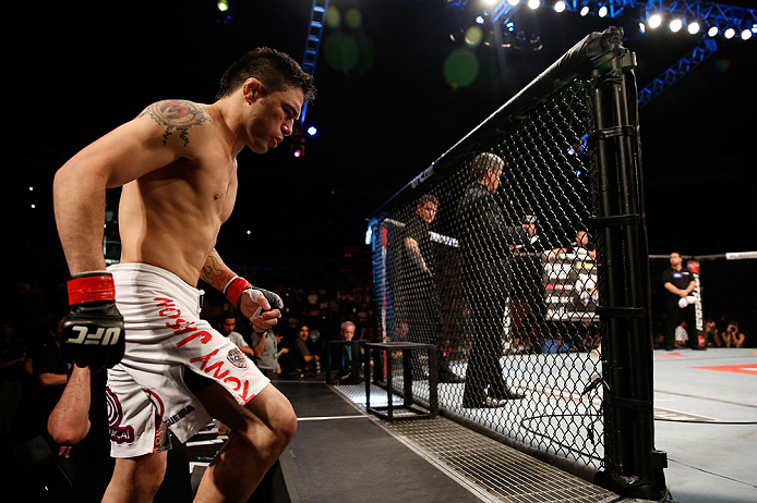 FORTALEZA, BRAZIL - JUNE 08: Rony "Jason" Mariano Bezerra enters the Octagon before his featherweight fight against Mike Wilkinson during the UFC on FUEL TV event at Paulo Sarasate Arena on June 8, 2013 in Fortaleza, Ceara, Brazil. (Photo by Josh Hedges