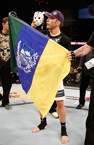 FORTALEZA, BRAZIL - JUNE 08: Rony "Jason" Mariano Bezerra reacts after defeating Mike Wilkinson in their featherweight fight during the UFC on FUEL TV event at Paulo Sarasate Arena on June 8, 2013 in Fortaleza, Ceara, Brazil. (Photo by Josh Hedges/Zuffa