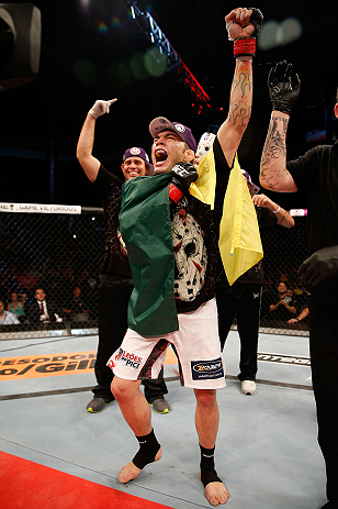 FORTALEZA, BRAZIL - JUNE 08: Rony "Jason" Mariano Bezerra reacts after defeating Mike Wilkinson in their featherweight fight during the UFC on FUEL TV event at Paulo Sarasate Arena on June 8, 2013 in Fortaleza, Ceara, Brazil. (Photo by Josh Hedges/Zuffa